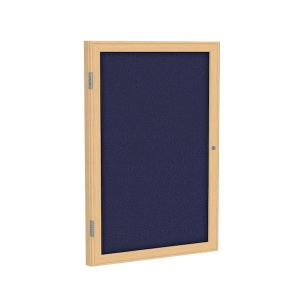 Enclosed Bulletin Board, 1 Door, Fabric, Oak Frame, 2 ft H x 18 in  ft W, Blue